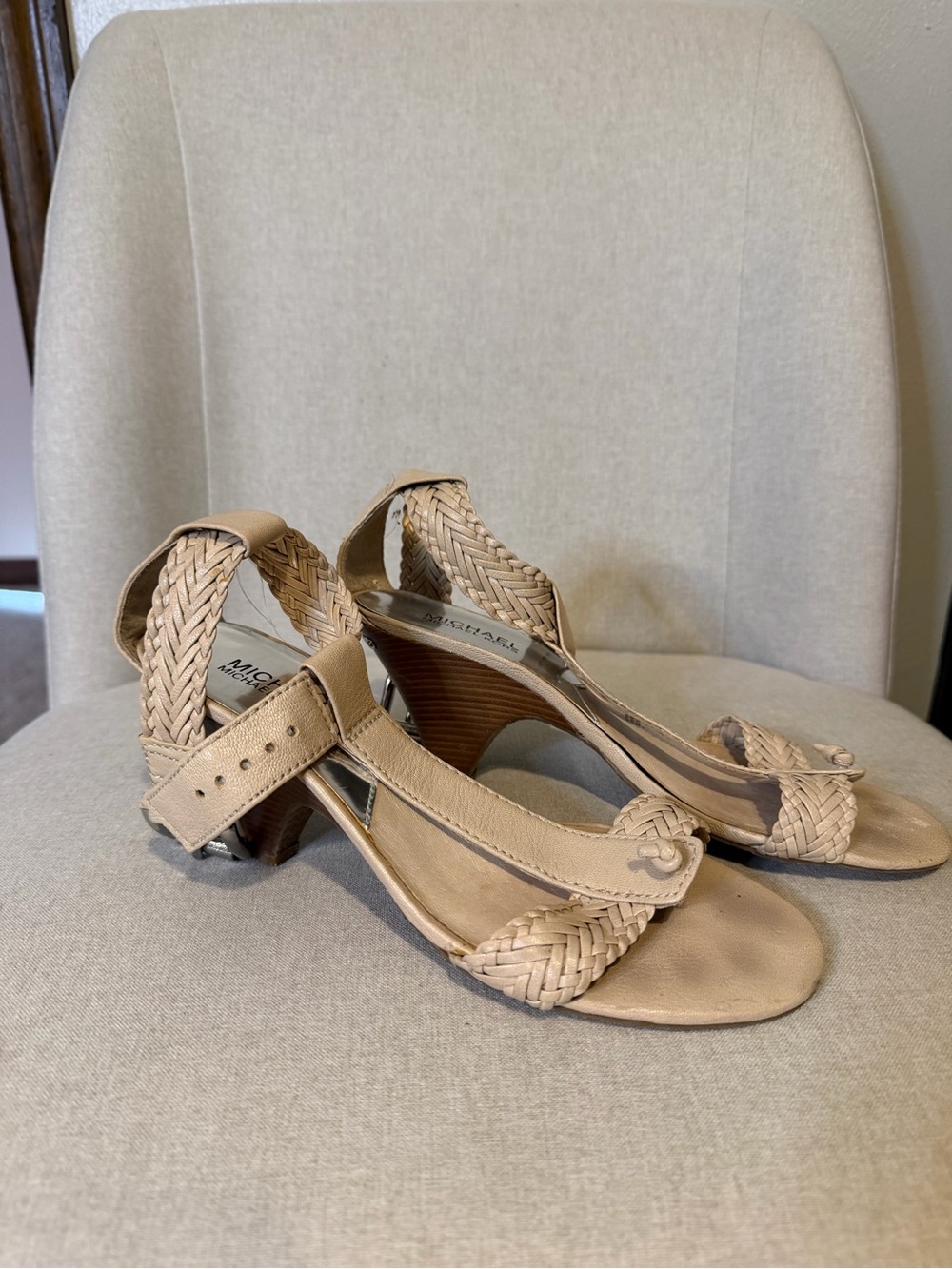 Michael Kors Beige Braided Leather Cone-Heel Sandals